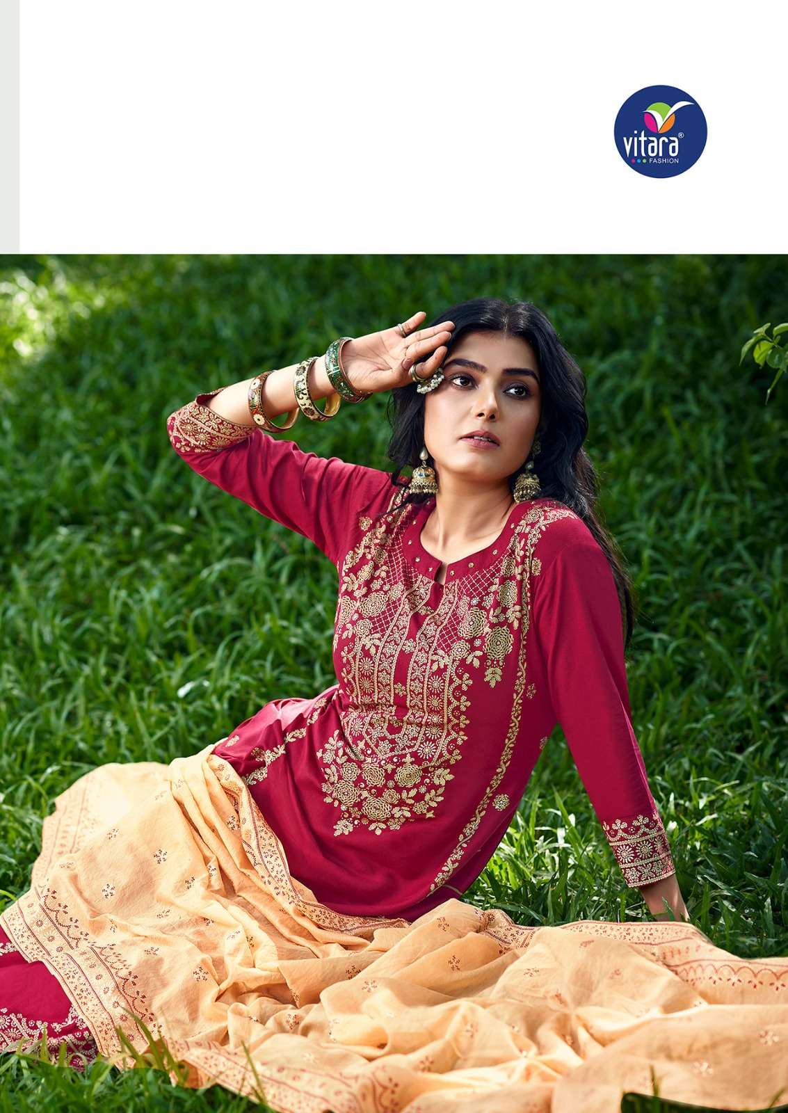 CALISTO HEAVY REYON FOIL PRINT HANDWORK KURTI WITH BOTTOM AND VISCOS CHANDERI DUPATTA BY VITARA FASHION BRAND 1002 C2
